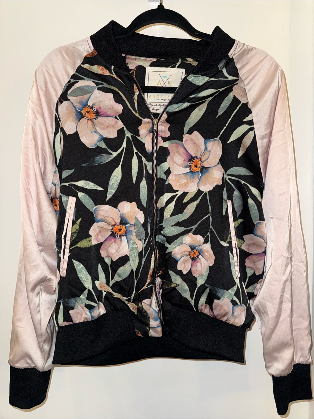 Angel Kiss Los Angeles Floral Satin Bomber Jacket Size Large